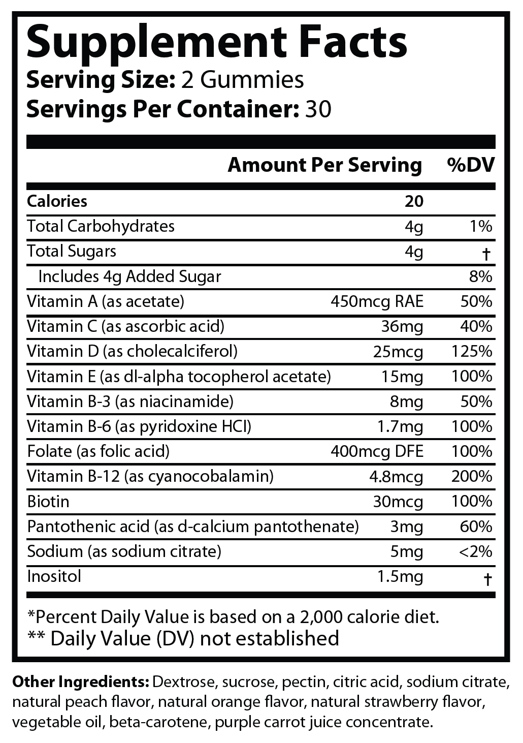 Supplement Facts panel for Natural Extract Hair Vitamin Gummies (ROC925)