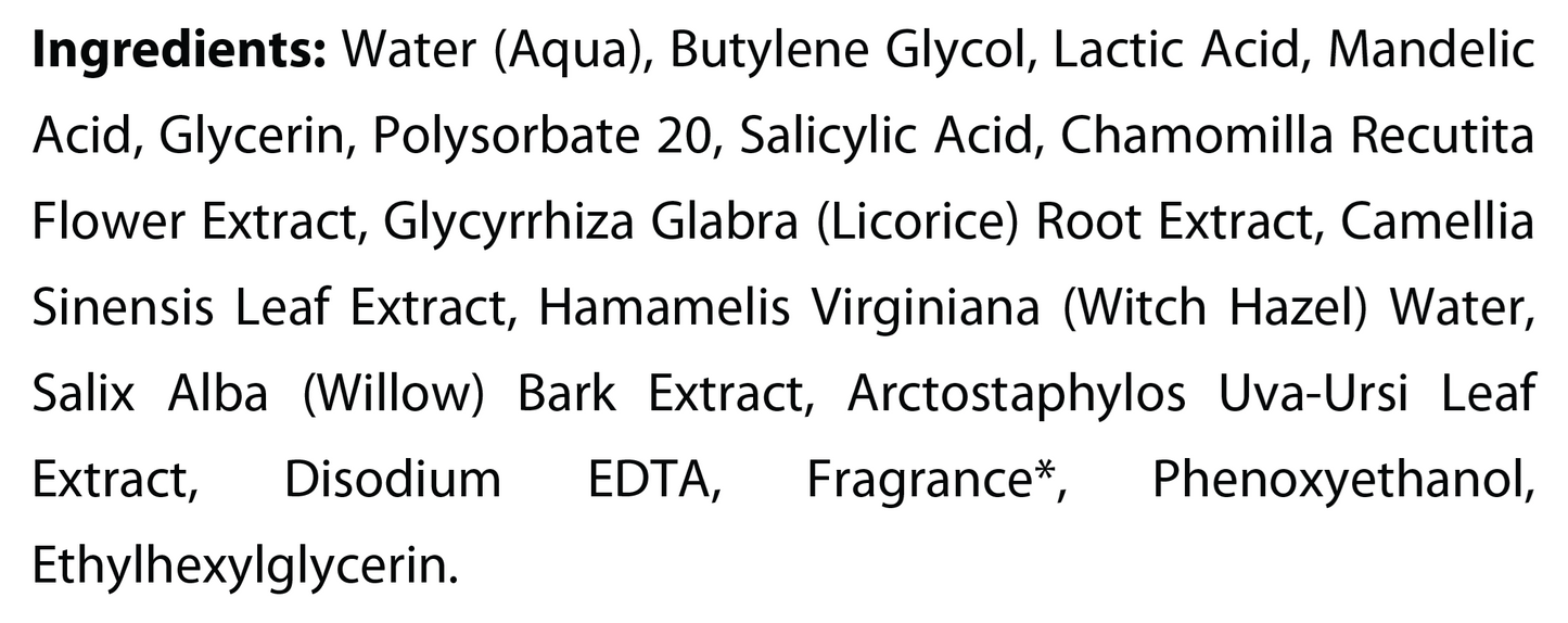 Ingredients panel for Natural Extract True Tone Exfoliating Pads (ROC980)