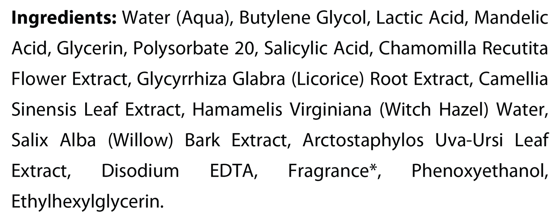 Ingredients panel for Natural Extract True Tone Exfoliating Pads (ROC980)