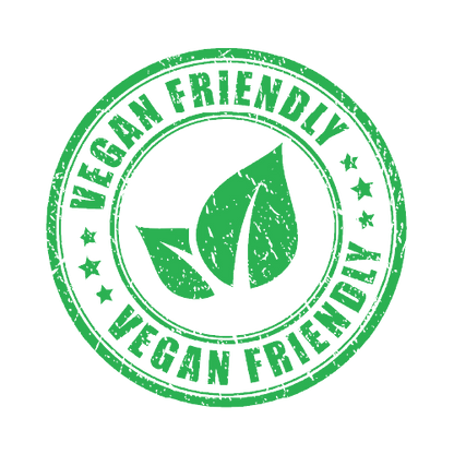 Green circular stamp with "VEGAN FRIENDLY" text and two leaves, indicating a vegan product.