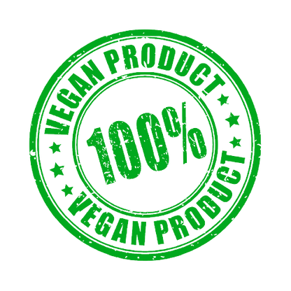 Green circular stamp with "VEGAN PRODUCT" repeated around the edge and "100%" in the center.