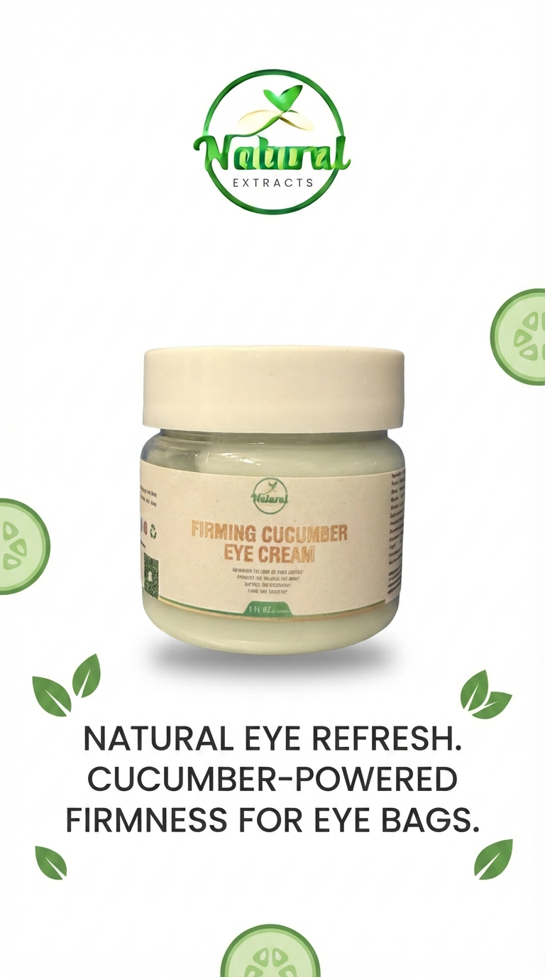 Natural Extracts Firming Cucumber Eye Cream, 1 fl oz jar, front view with cucumber slices and leaves.