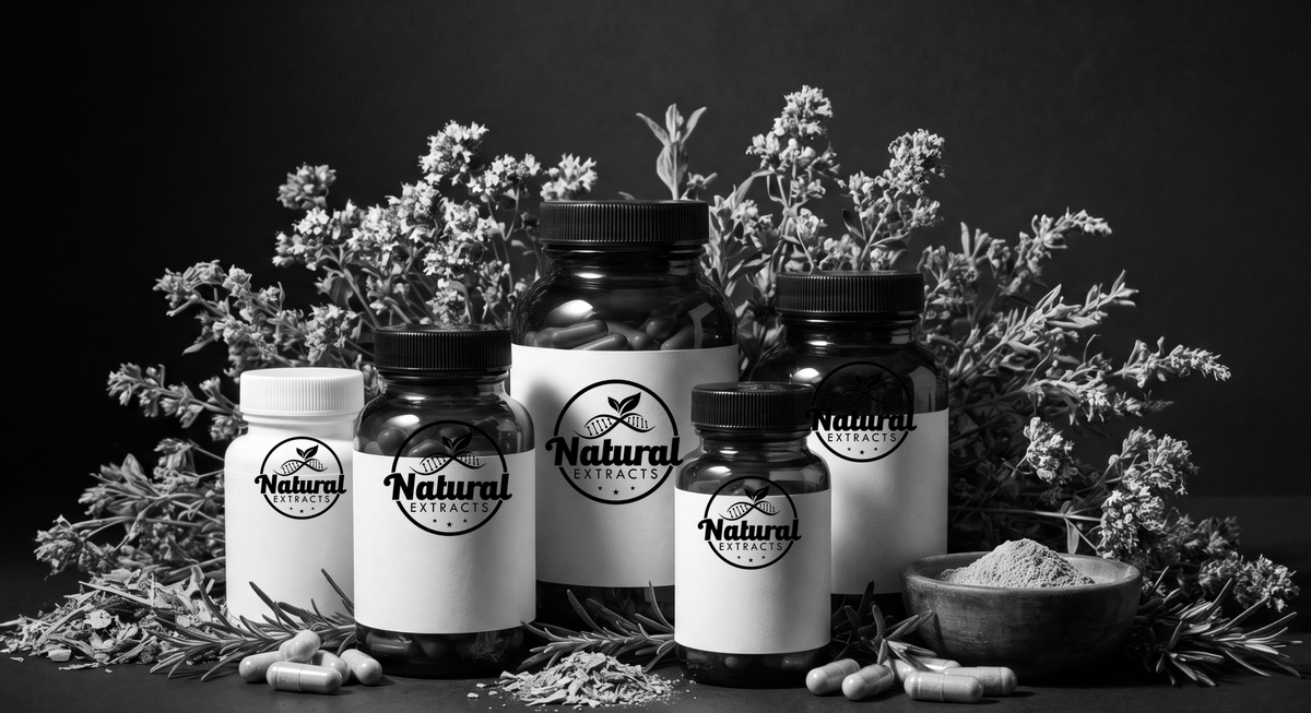 Natural Extract supplement bottles with black and white branded logo on herbs, dark background